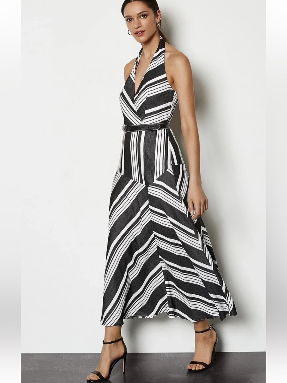 Karen Millen Black & White Striped Halter Maxi Dress